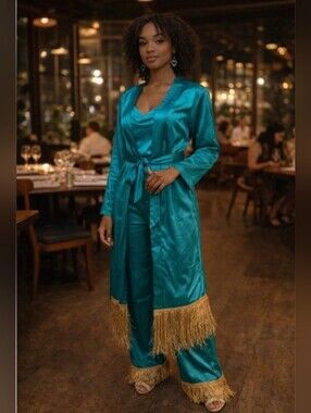 Stunning 2 Piece Teal Women's Loungewear with Gold Fringe *S/M